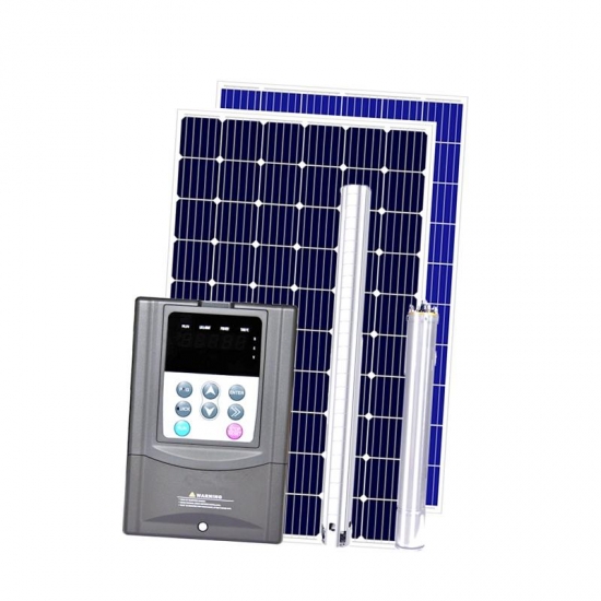 Solar powered deep well water pump system spray irrigation
